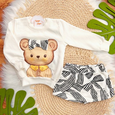  Conj. Casaco de Moletom Ursinha e Short Saia Laços - Off White e Preto